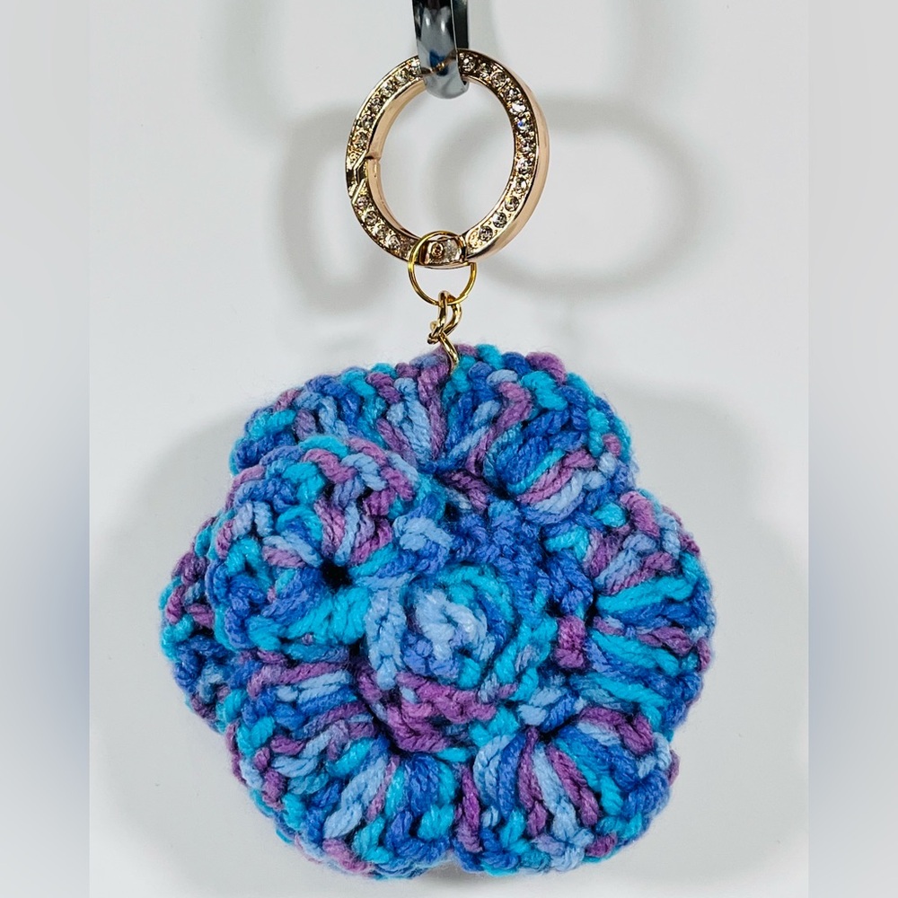 Purple Ombre Crochet Flower Bag Charm Keychain W/Rhinestone Bling Clip Ring - Picture 3 of 5